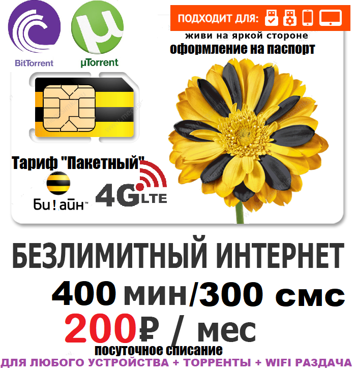 Билайн 200 руб\мес посуточно безлимитный интернет в 4G для любого устройства + ТОРРЕНТЫ