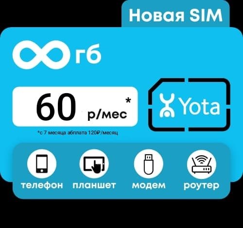 Сим карта Yota Йота БЕЗЛИМИТНЫЙ ИНТЕРНЕТ 60 руб/мес для модема роутера и др устройств