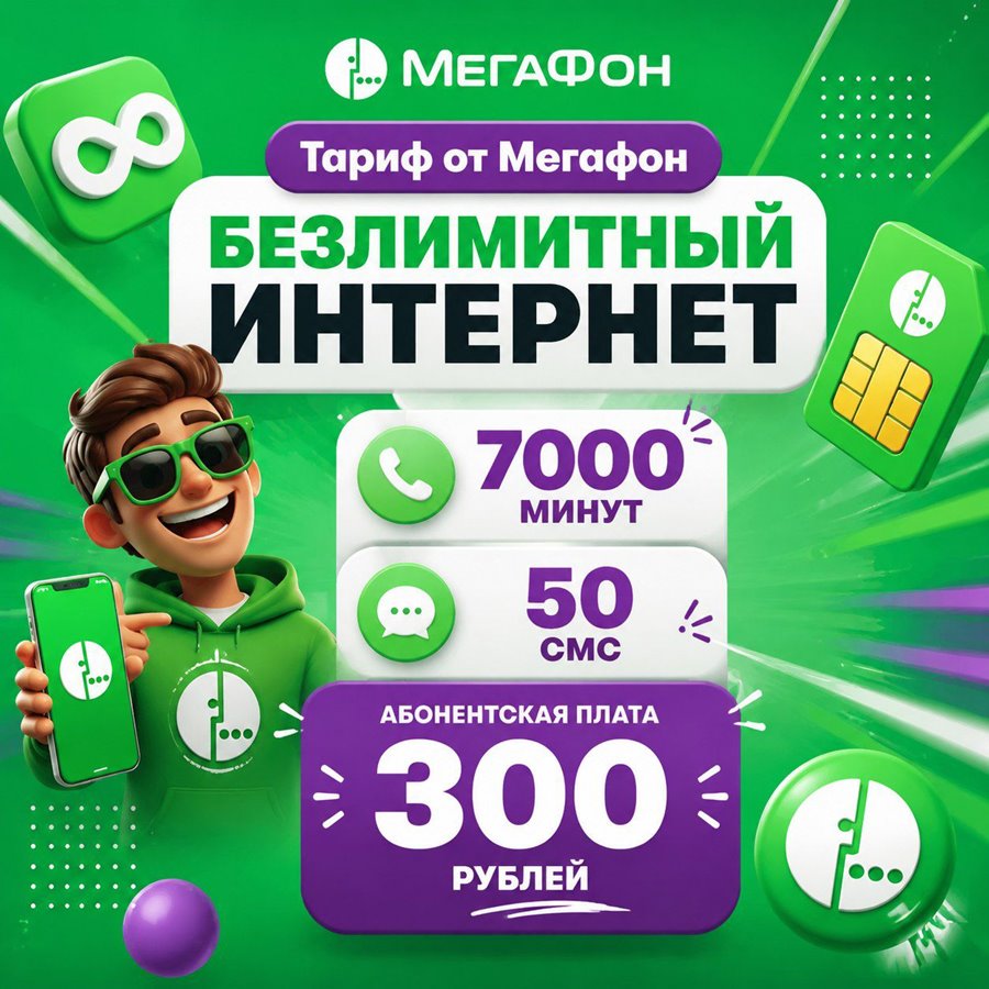 Сим карта Мегафон 300 руб/мес БЕЗЛИМИТНЫЙ ИНТЕРНЕТ 7 000 минут