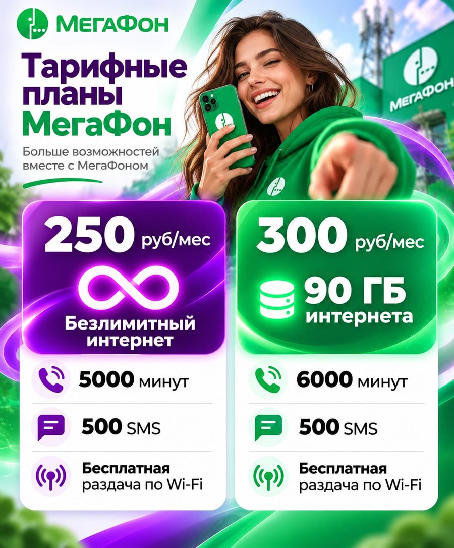 Тарифы Мегафон много минут + Безлимитный интернет с раздачей